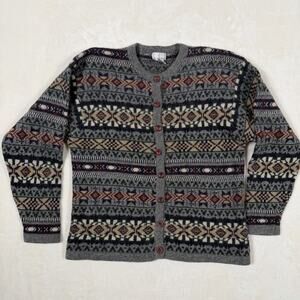 Vintage KB Collections Womens XL 100% Shetland Wool Fair Isle Cardigan Hong Kong